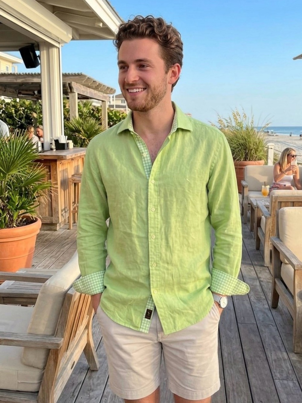 Tailorbyrd 100% Linen Shirt Mens Medium Green Gingham Flip Cuff Button Up LS